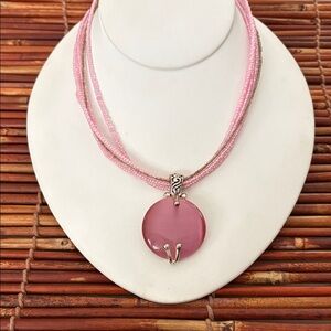 Premier Designs Pink Glass Seedbead With Pink Glass Pendant Necklace 16-19”